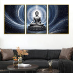 Lord Buddha Meditating in Cosmic Light Floating Frame Crystal Wall Painting Set of 3