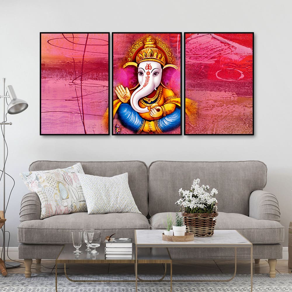 Lord Ganesha Abstract Art Floating Canvas Wall Painting Set of Three - Decor Smart