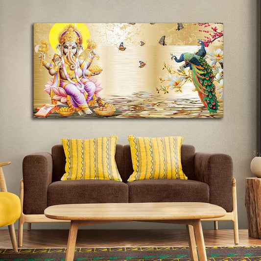 Lord Ganesha and Peacocks Canvas Wall Painting - Decor Smart