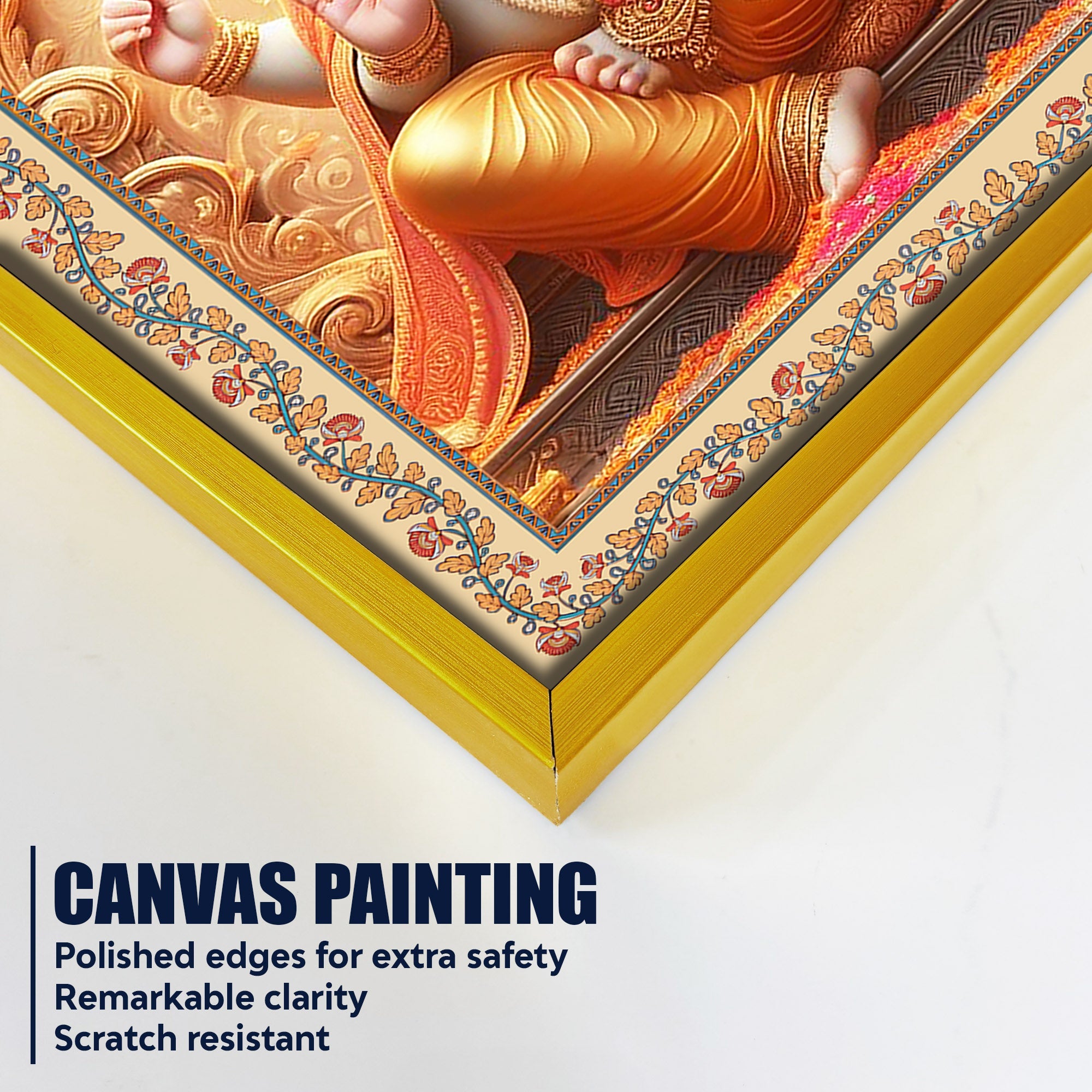 Lord Ganesha on Throne Floral Border Vertical Canvas Wall Painting