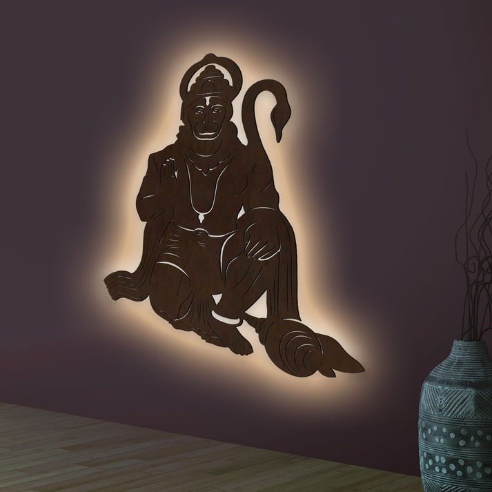 Lord Hanuman Ji Shape Backlit Designer Wooden Wall Shelf / Book Shelf / Night Light, Walnut Finish - Decor Smart