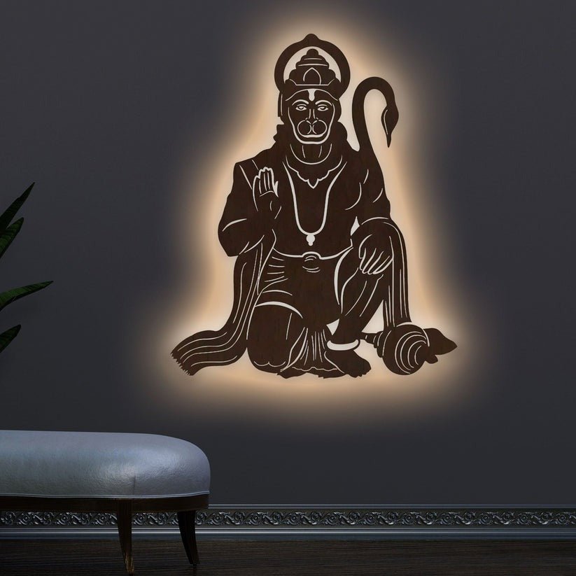 Lord Hanuman Ji Shape Backlit Designer Wooden Wall Shelf / Book Shelf / Night Light, Walnut Finish - Decor Smart