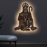 Lord Hanuman Ji Shape Backlit Designer Wooden Wall Shelf / Book Shelf / Night Light, Walnut Finish - Decor Smart
