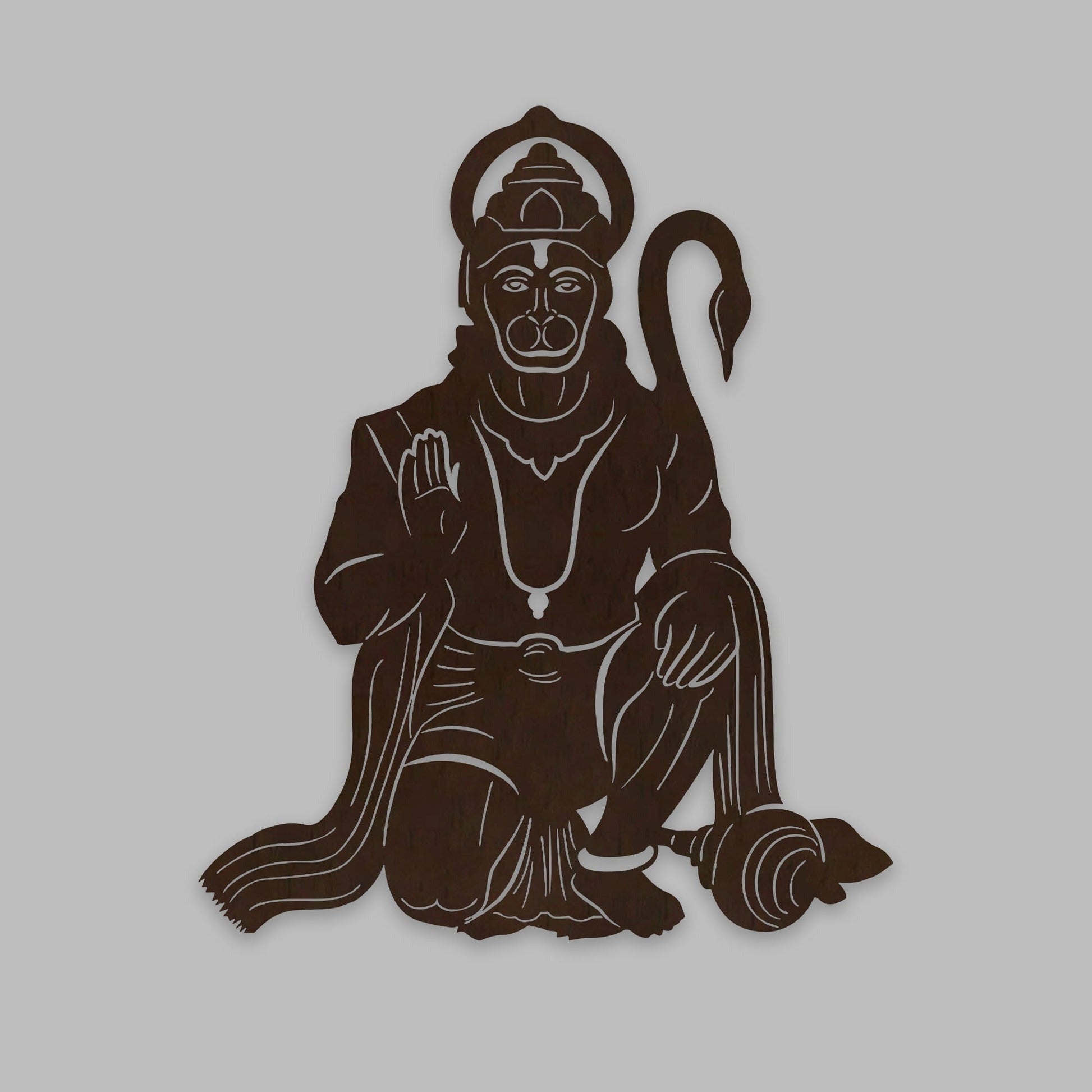 Lord Hanuman Ji Shape Backlit Designer Wooden Wall Shelf / Book Shelf / Night Light, Walnut Finish - Decor Smart