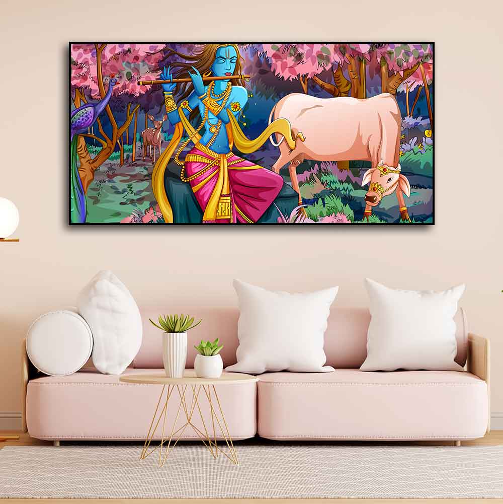Lord Krishna Playing Flute Pink Trees in Background Canvas Wall Painting - Decor Smart
