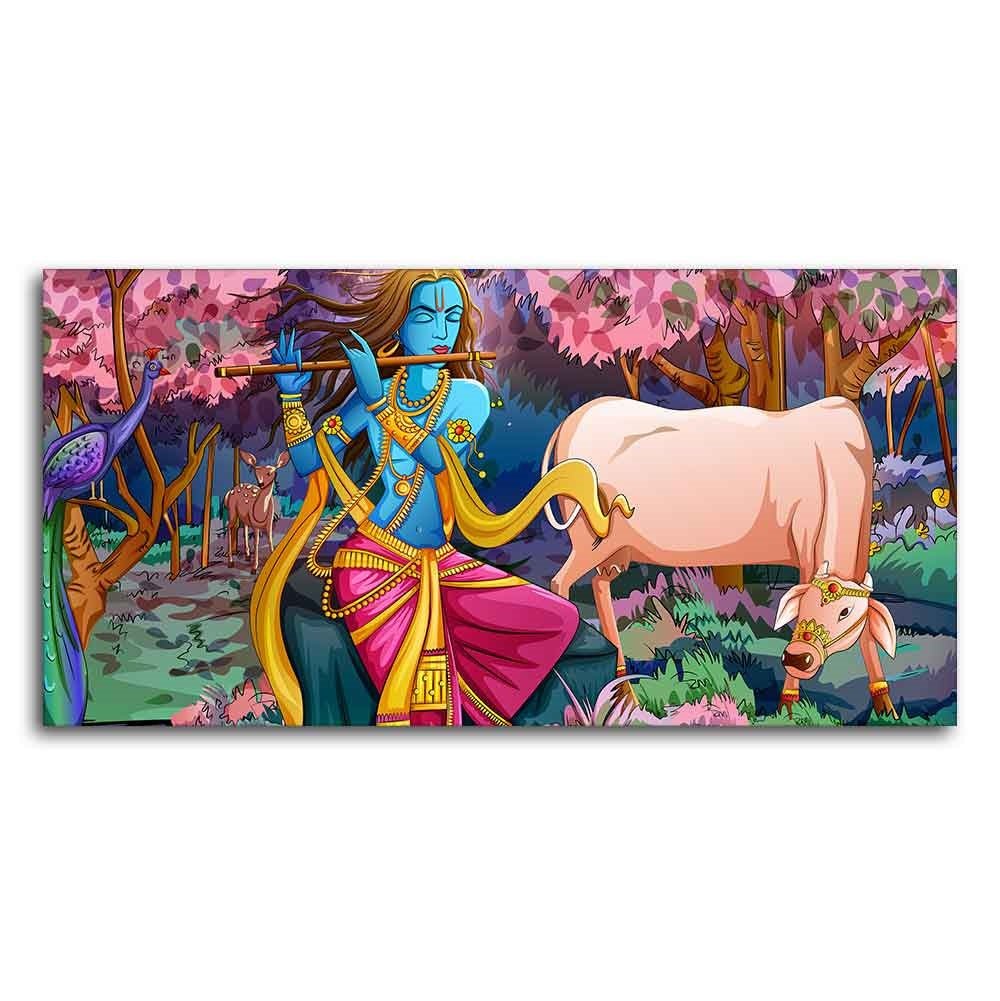 Lord Krishna Playing Flute Pink Trees in Background Canvas Wall Painting - Decor Smart