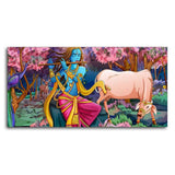Lord Krishna Playing Flute Pink Trees in Background Canvas Wall Painting - Decor Smart
