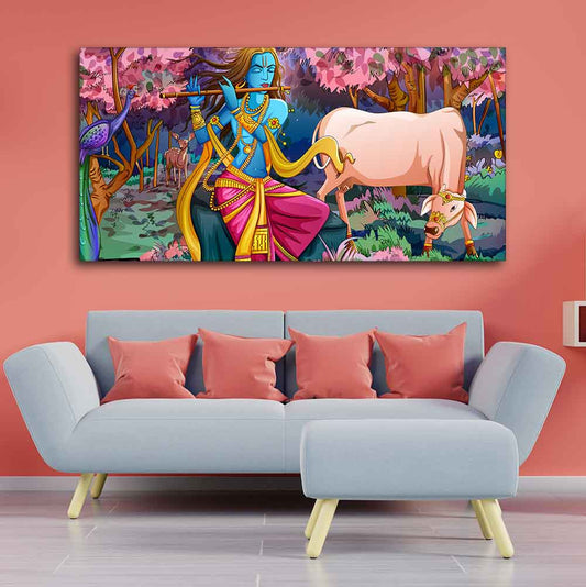 Lord Krishna Playing Flute Pink Trees in Background Canvas Wall Painting - Decor Smart