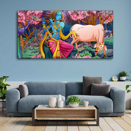 Lord Krishna Playing Flute Pink Trees in Background Canvas Wall Painting - Decor Smart