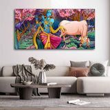 Lord Krishna Playing Flute Pink Trees in Background Canvas Wall Painting - Decor Smart