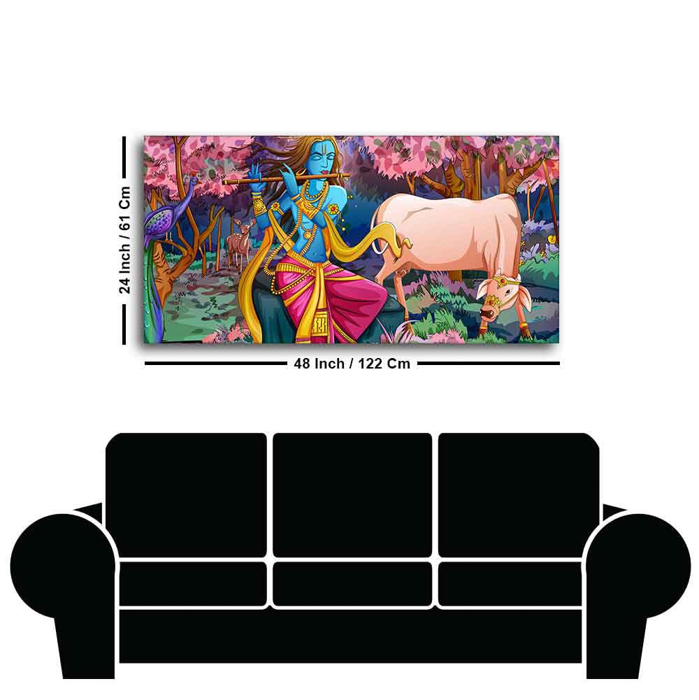 Lord Krishna Playing Flute Pink Trees in Background Canvas Wall Painting - Decor Smart