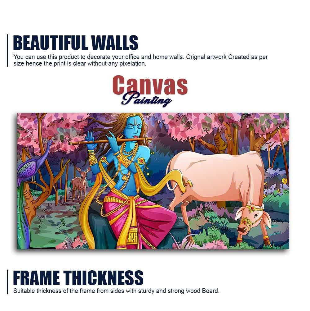 Lord Krishna Playing Flute Pink Trees in Background Canvas Wall Painting - Decor Smart