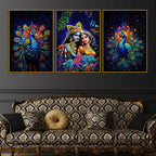 Lord Krishna Shri Radha and Peacocks Floating Frame Crystal Wall Painting Set of 3