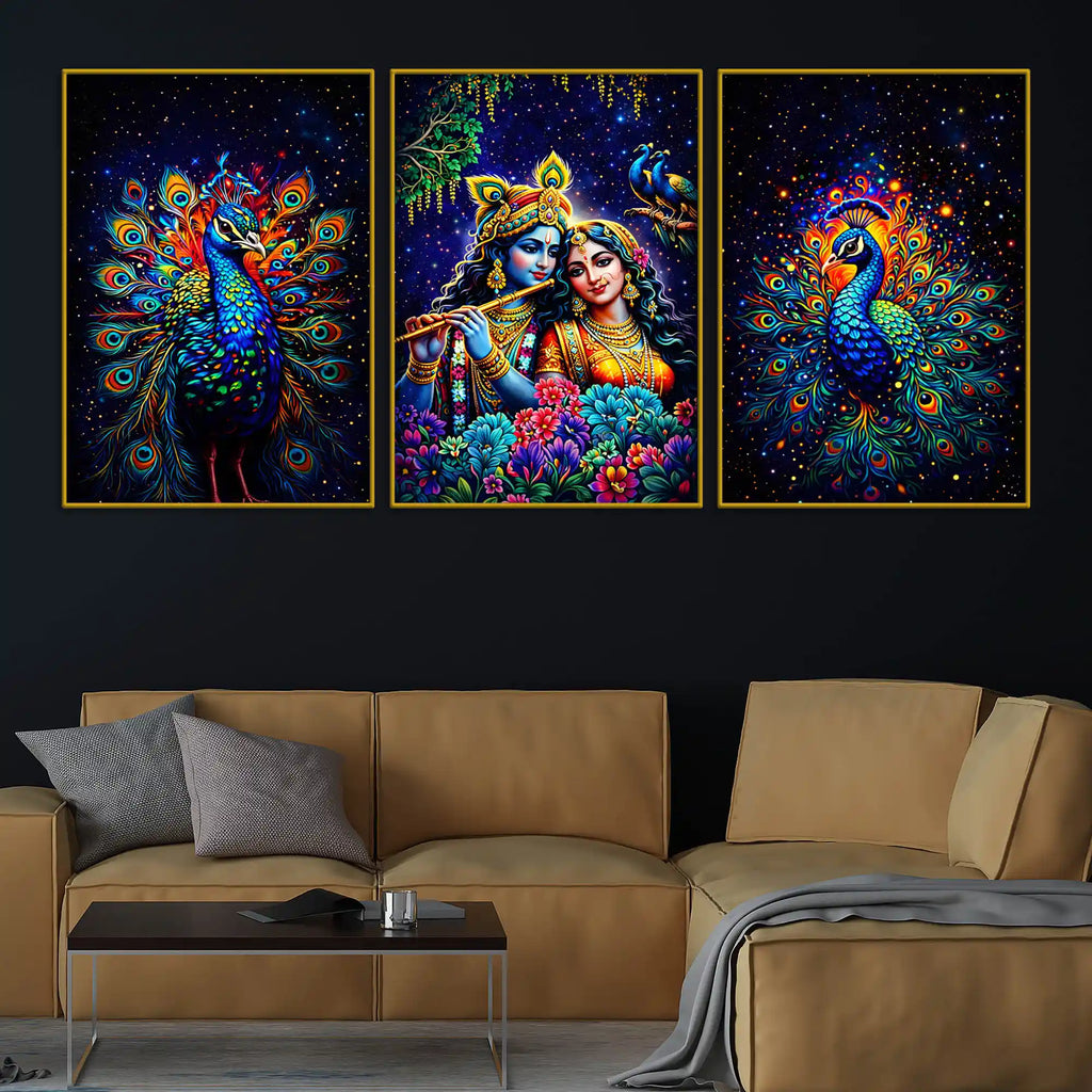 Lord Krishna Shri Radha and Peacocks Floating Frame Crystal Wall Painting Set of 3
