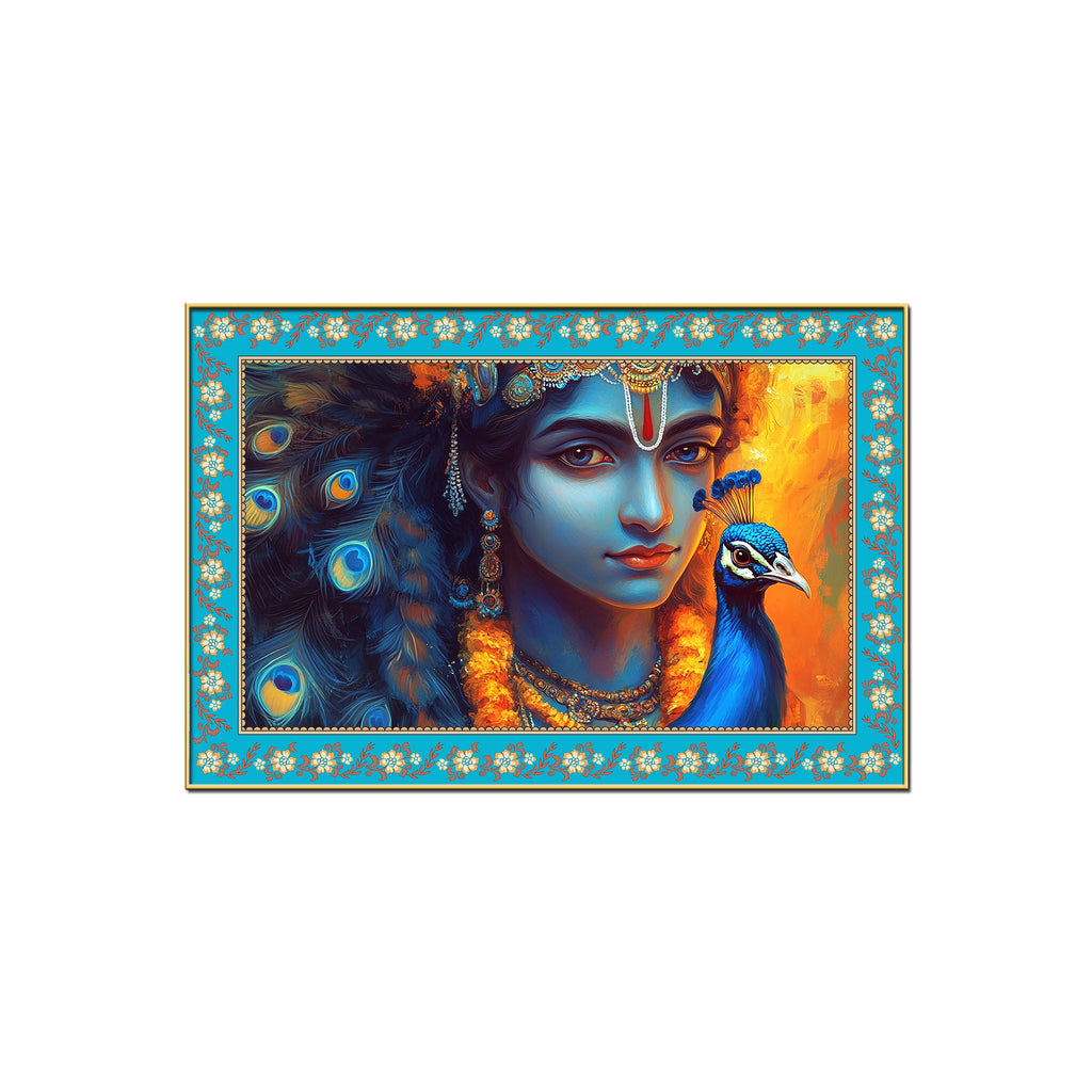 Lord Krishna with Peacock Floral Border Canvas Wall Painting
