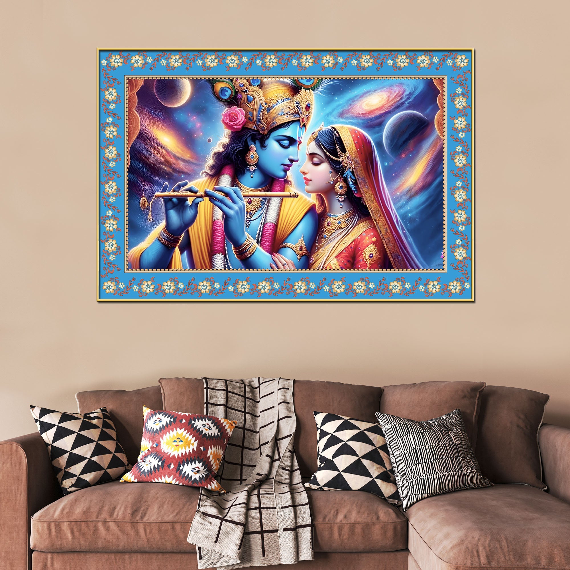Lord Krishna with Radha Floral Border Canvas Wall Painting