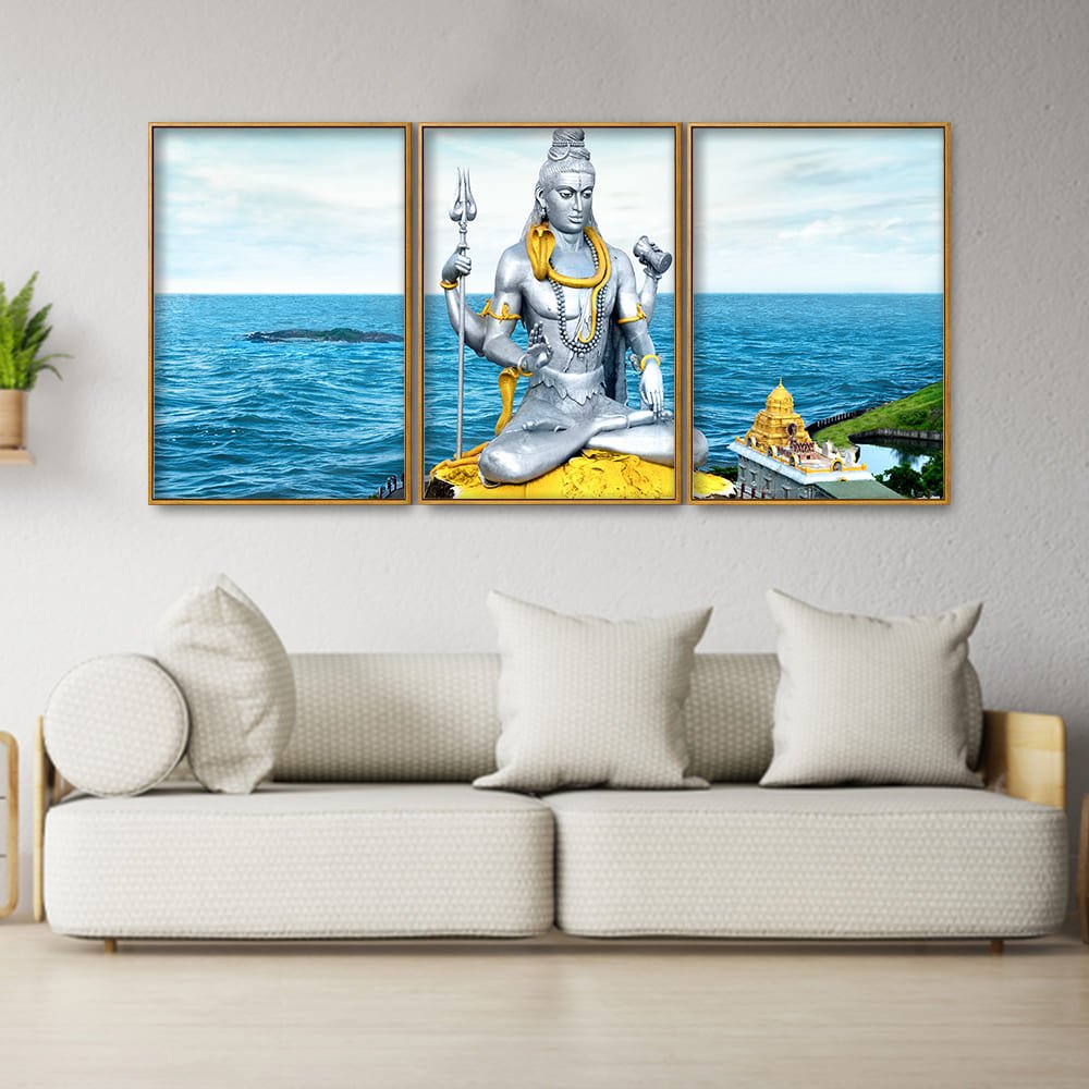 Lord Shiva Statue Floating Canvas Wall Painting Set of Three - Decor Smart