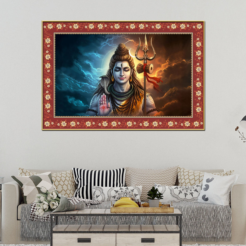 Lord Shiva with Holding Trishula Border Canvas Wall Painting