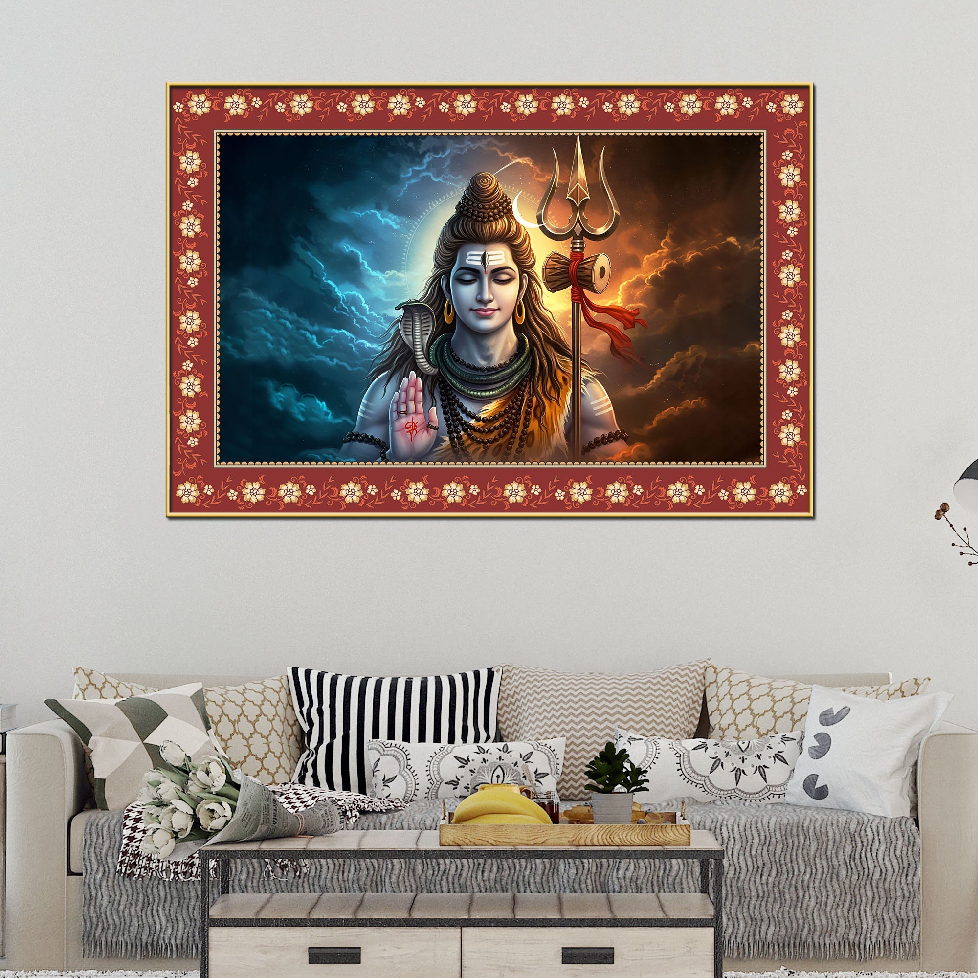 Lord Shiva with Holding Trishula Border Canvas Wall Painting