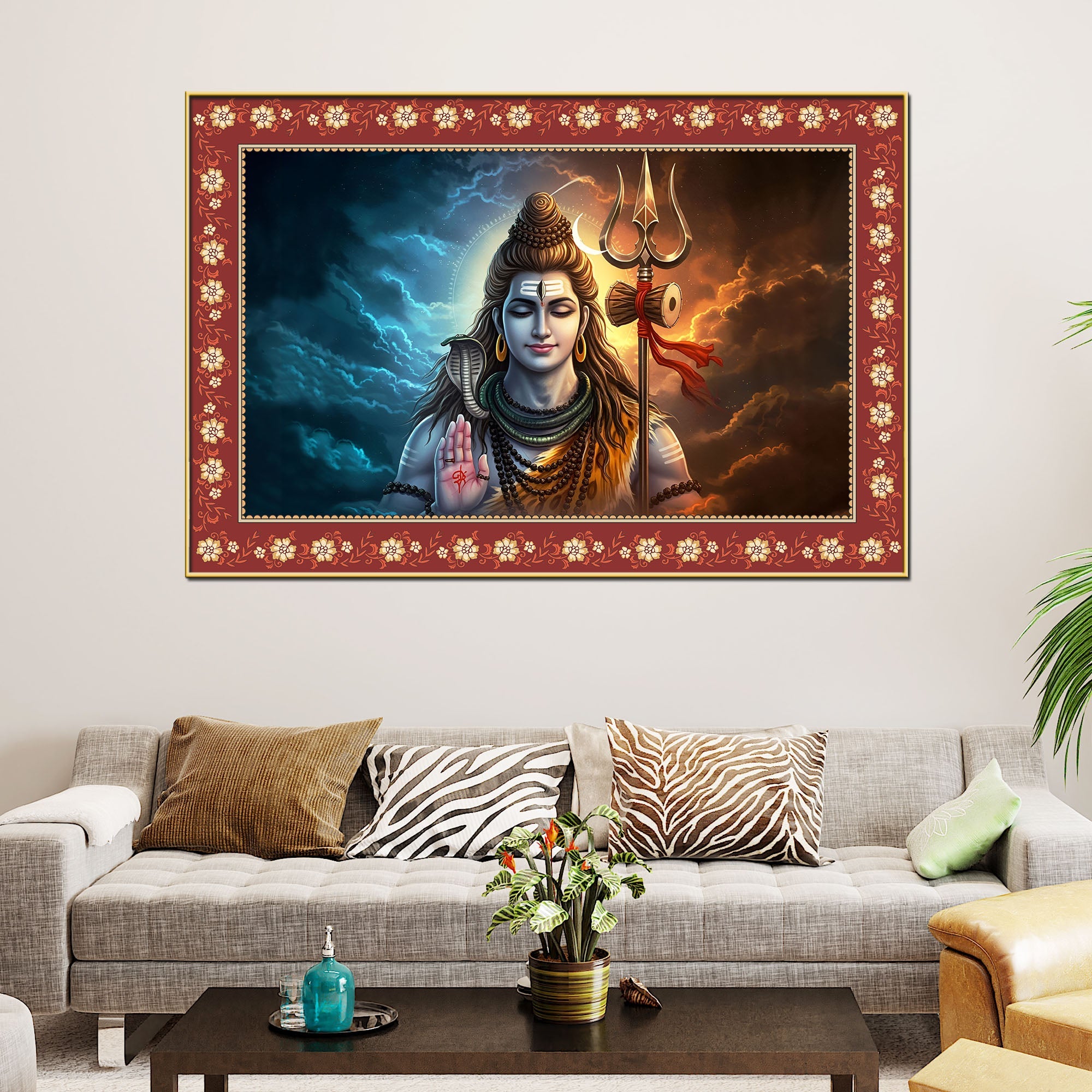 Lord Shiva with Holding Trishula Border Canvas Wall Painting