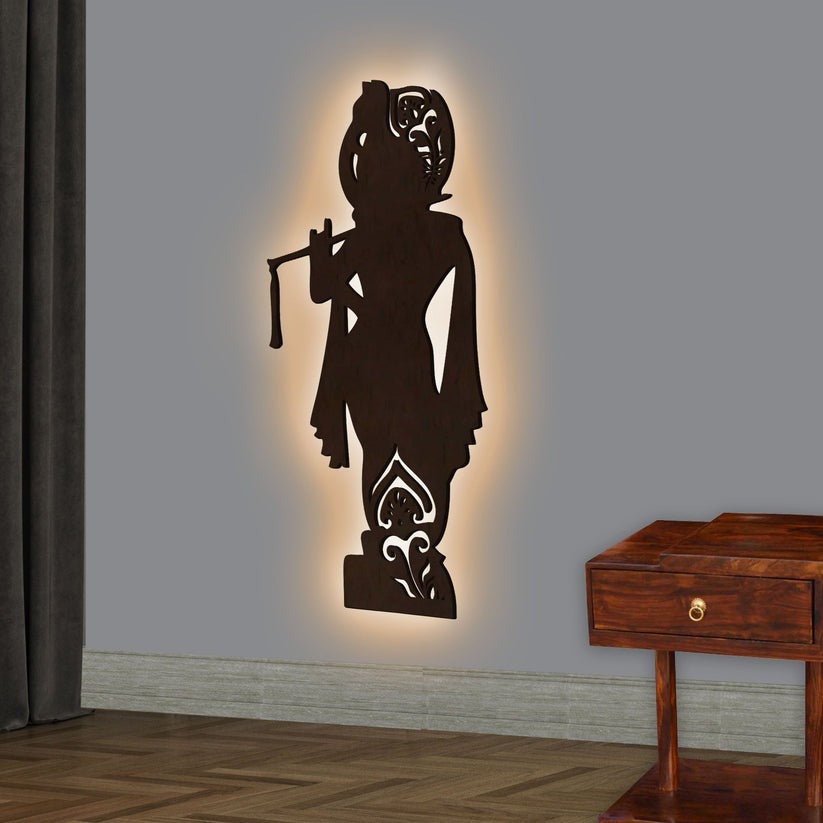 Lord Shree Krishna Backlit Wooden Wall Decor with LED Night Light Walnut Finish - Decor Smart