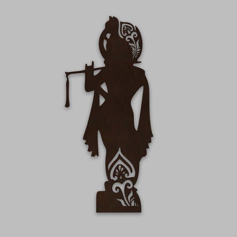 Lord Shree Krishna Backlit Wooden Wall Decor with LED Night Light Walnut Finish - Decor Smart