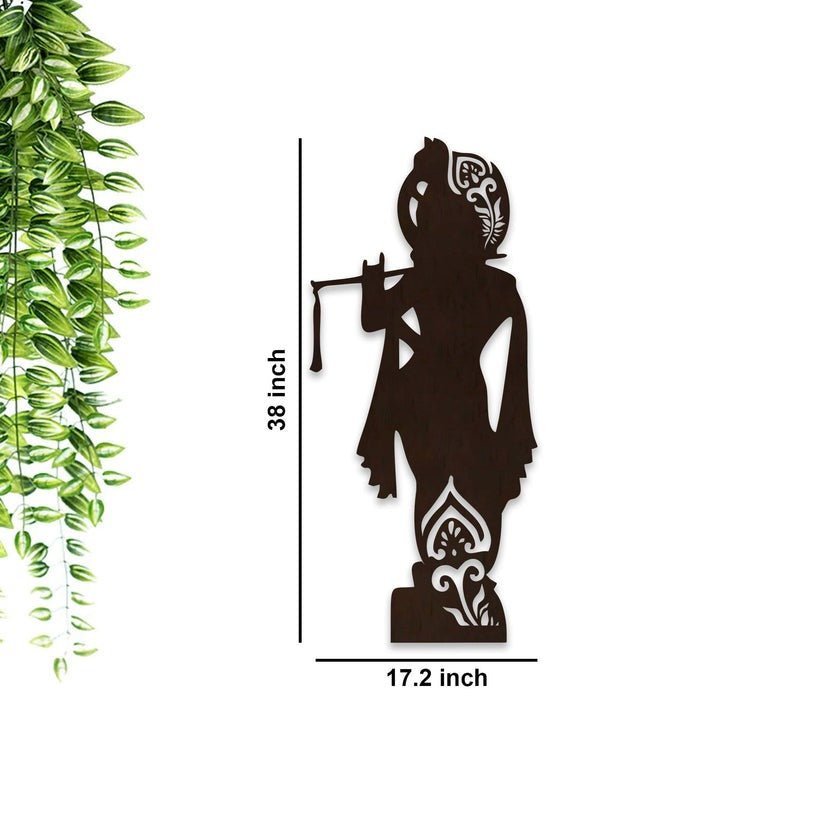 Lord Shree Krishna Backlit Wooden Wall Decor with LED Night Light Walnut Finish - Decor Smart