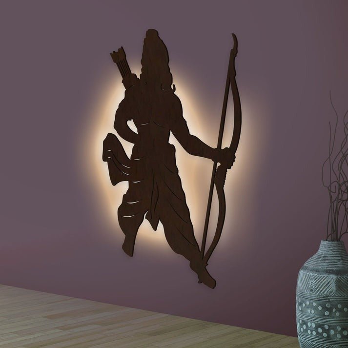 Lord Shree Ram Backlit Wooden Wall Decor with LED Night Light Walnut Finish - Decor Smart