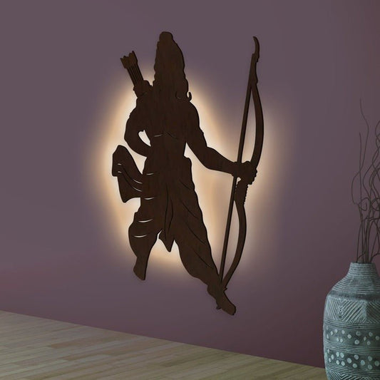 Lord Shree Ram Backlit Wooden Wall Decor with LED Night Light Walnut Finish - Decor Smart