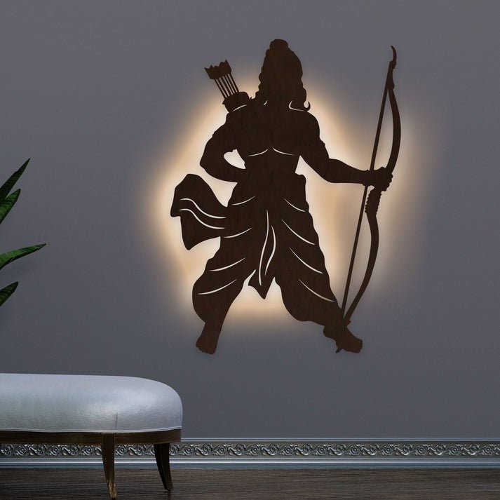Lord Shree Ram Backlit Wooden Wall Decor with LED Night Light Walnut Finish - Decor Smart