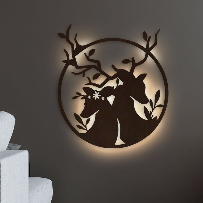 Loving Deer in Round Shaped Backlit Wooden Wall Decor with LED Night Light Walnut Finish - Decor Smart