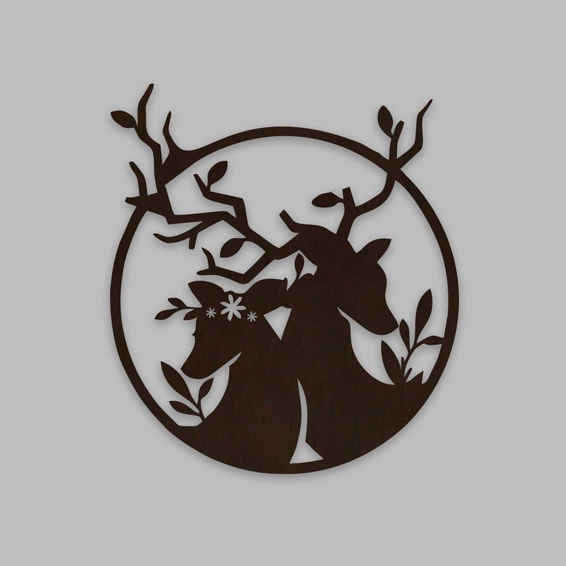 Loving Deer in Round Shaped Backlit Wooden Wall Decor with LED Night Light Walnut Finish - Decor Smart