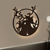 Loving Deer in Round Shaped Backlit Wooden Wall Decor with LED Night Light Walnut Finish - Decor Smart
