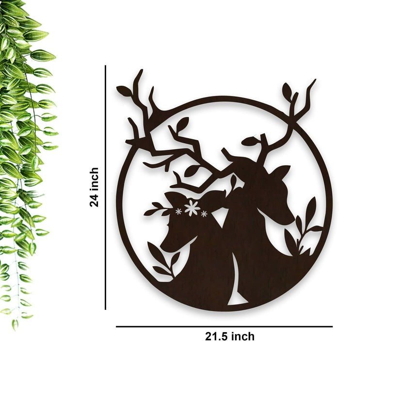Loving Deer in Round Shaped Backlit Wooden Wall Decor with LED Night Light Walnut Finish - Decor Smart