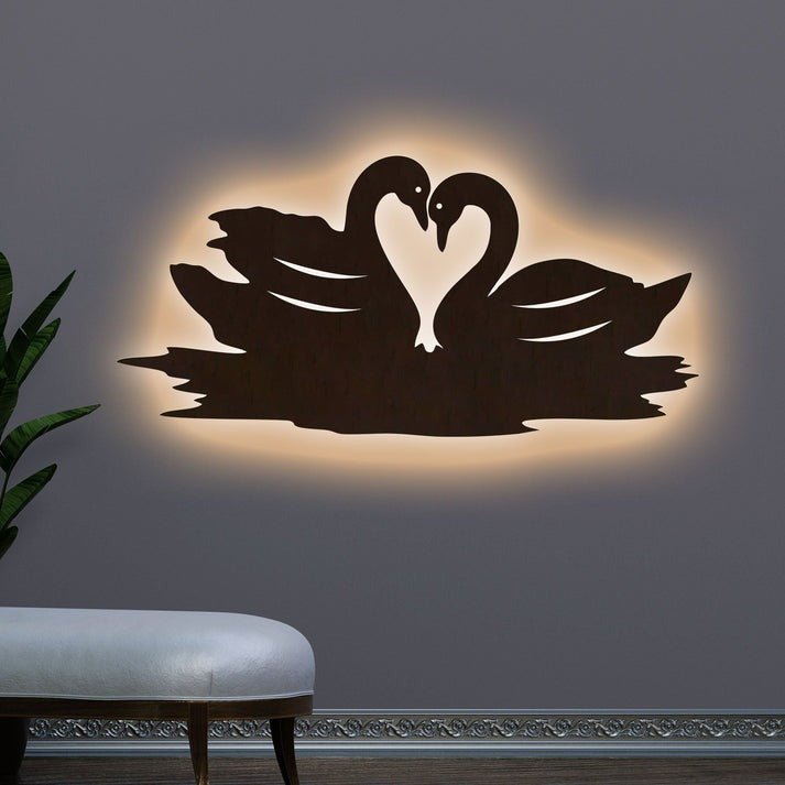 Loving Pair of Swan Backlit Wooden Wall Decor with LED Night Light Walnut Finish - Decor Smart