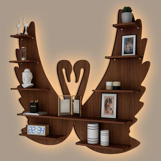 Loving Swan Backlit Designer Wooden Wall Shelf / Book Shelf / Night Light, Walnut Finish - Decor Smart