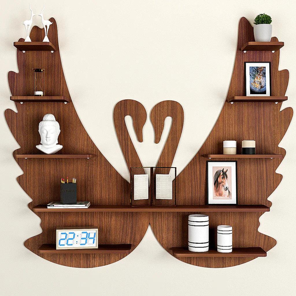 Loving Swan Backlit Designer Wooden Wall Shelf / Book Shelf / Night Light, Walnut Finish - Decor Smart