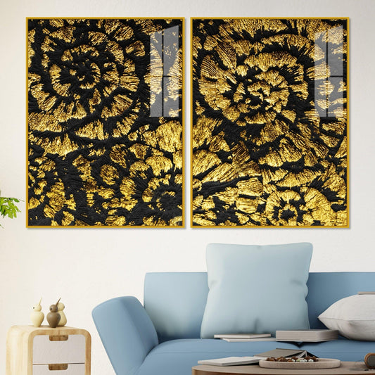 Luxurious Abstract Golden Textural Art Acrylic Floating Wall Painting Set Of 2 - Decor Smart