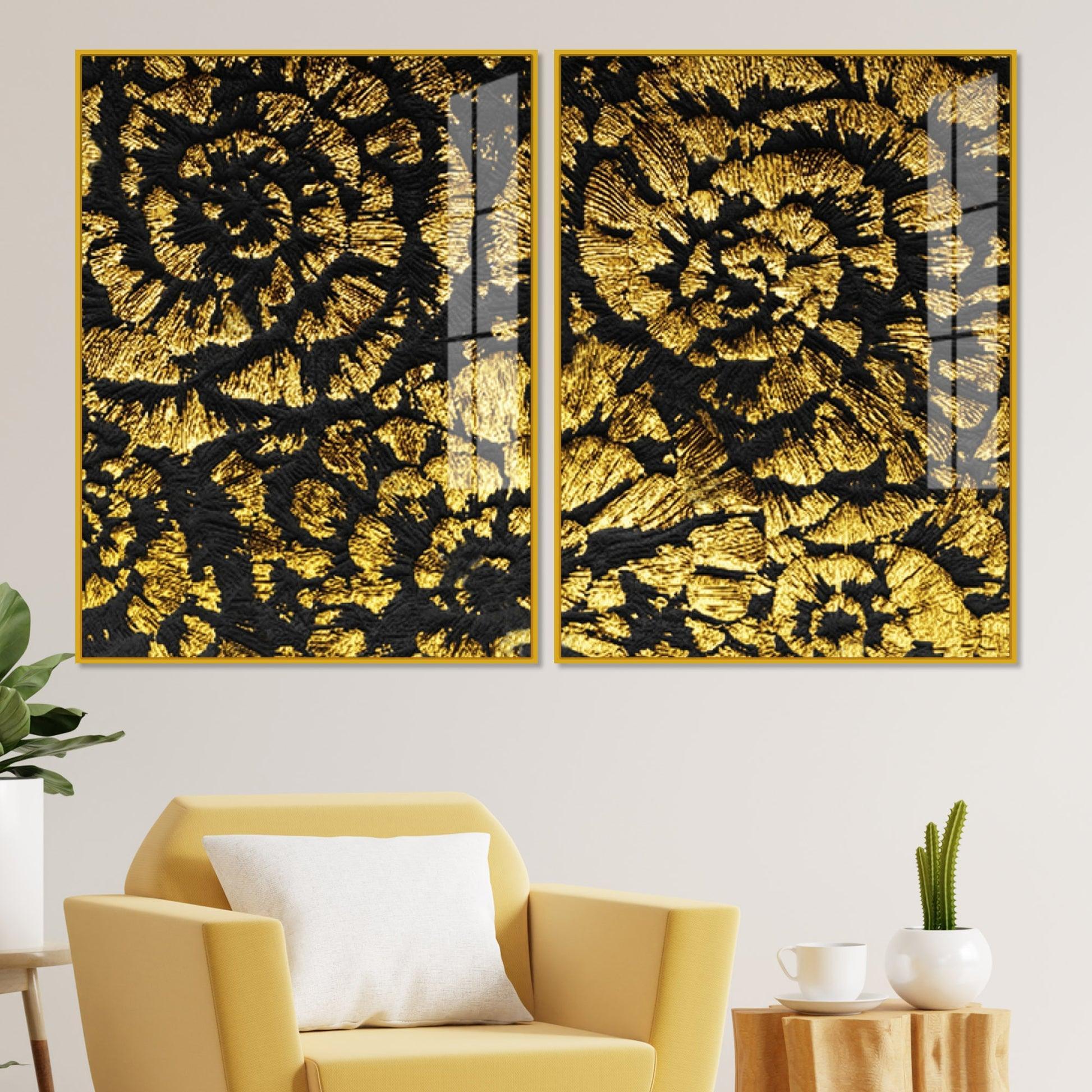 Luxurious Abstract Golden Textural Art Acrylic Floating Wall Painting Set Of 2 - Decor Smart