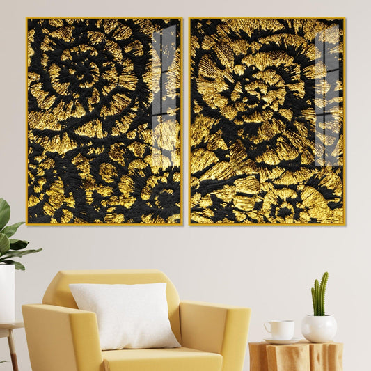 Luxurious Abstract Golden Textural Art Acrylic Floating Wall Painting Set Of 2 - Decor Smart