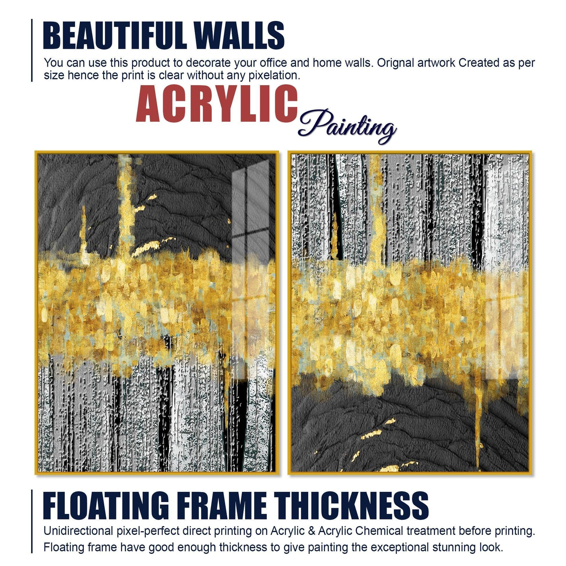 Luxurious Golden Textured Pattern Shapes Acrylic Floating Wall Painting Set Of 2 - Decor Smart