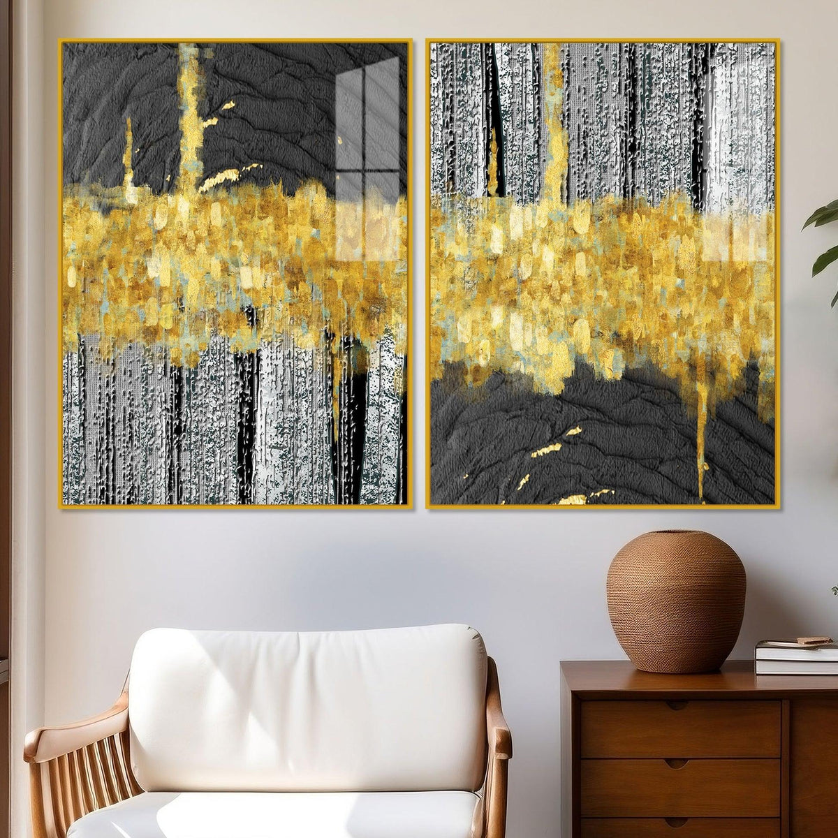 Luxurious Golden Textured Pattern Shapes Acrylic Floating Wall Painting Set Of 2 - Decor Smart