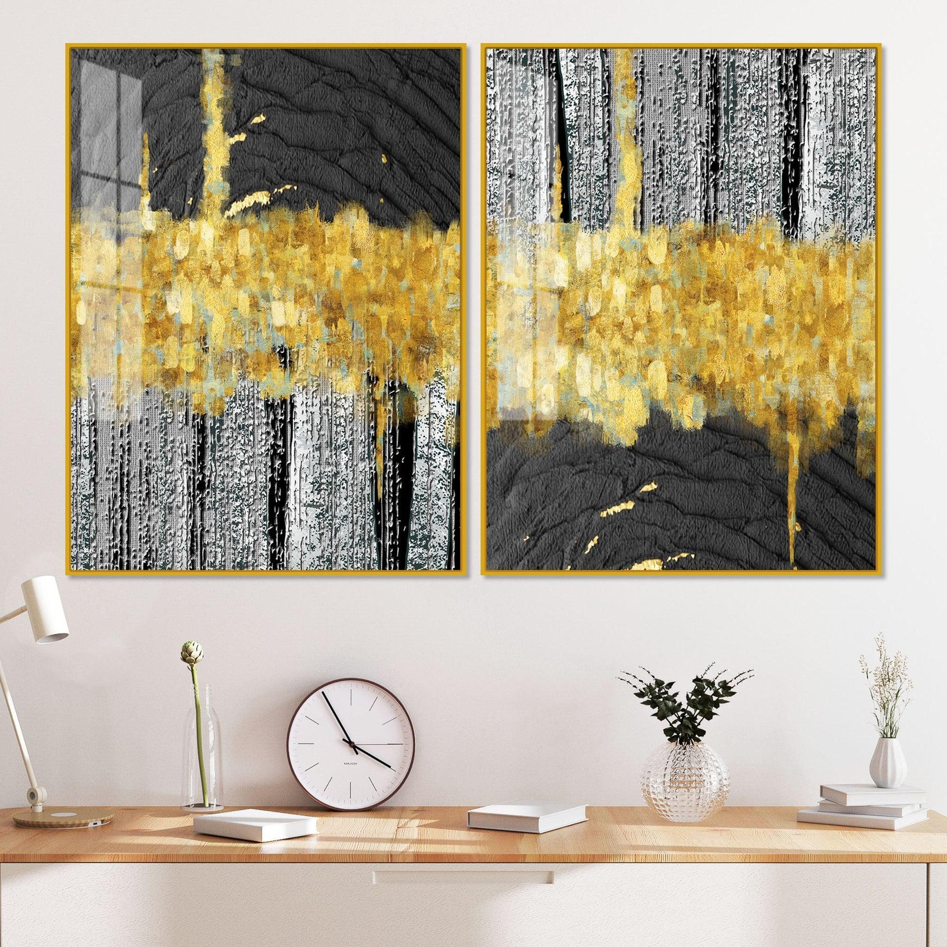 Luxurious Golden Textured Pattern Shapes Acrylic Floating Wall Painting Set Of 2 - Decor Smart