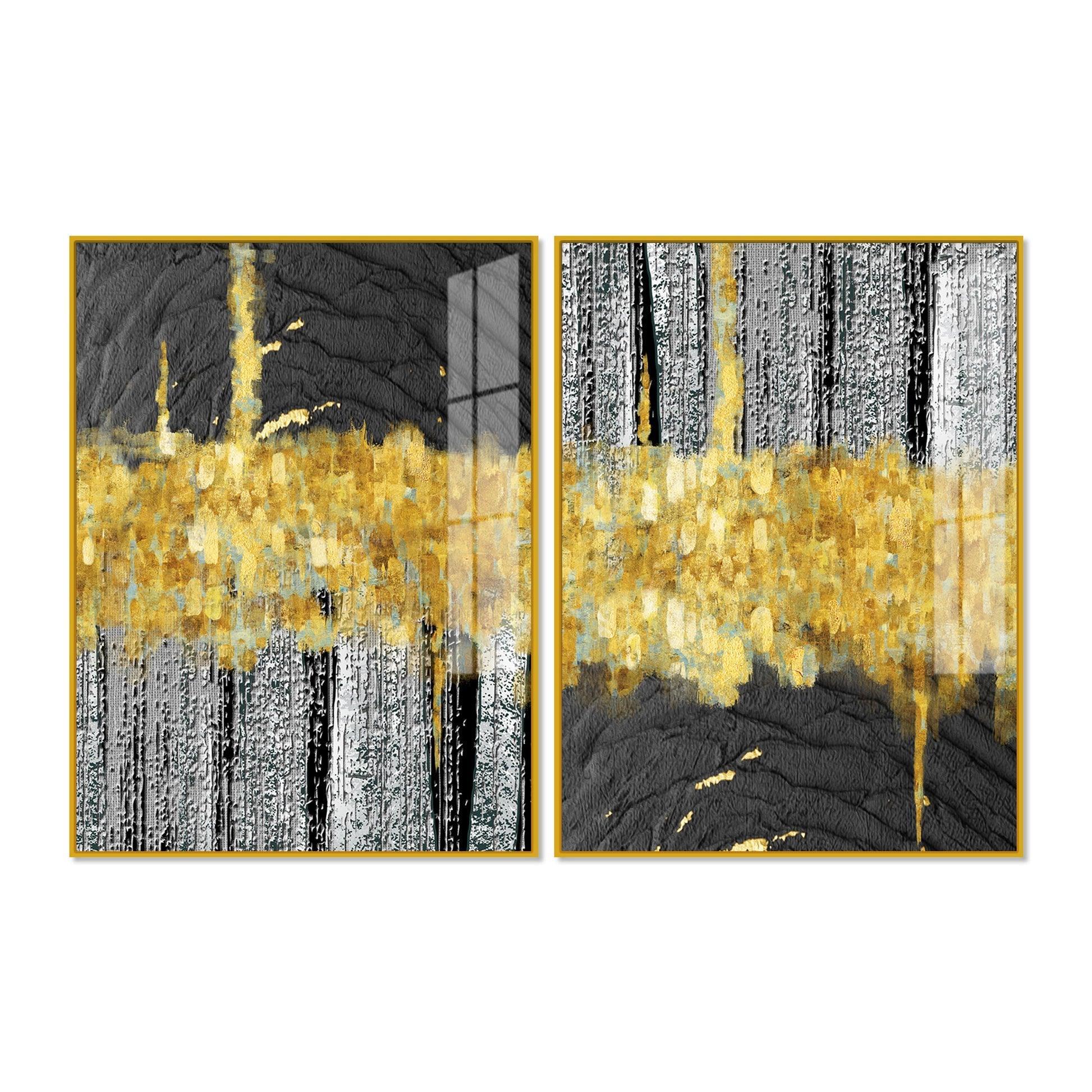 Luxurious Golden Textured Pattern Shapes Acrylic Floating Wall Painting Set Of 2 - Decor Smart