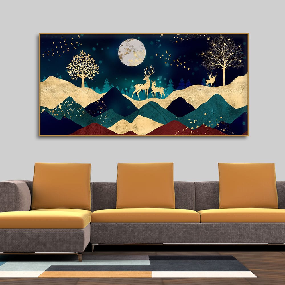 Luxurious Modern Art of Mountains and Golden Tropical leaves Canvas Wall Painting Premium Wall Painting - Decor Smart