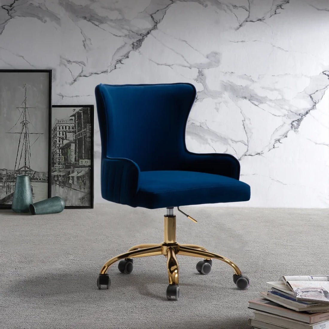 Luxurious Royal Blue Velvet Armchair with Golden Base - Decor Smart