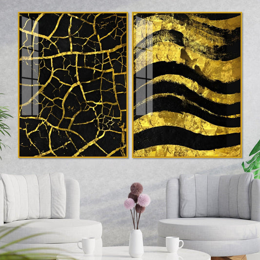 Luxury Black and Gold Marble Texture Acrylic Floating Wall Painting Set Of 2 - Decor Smart