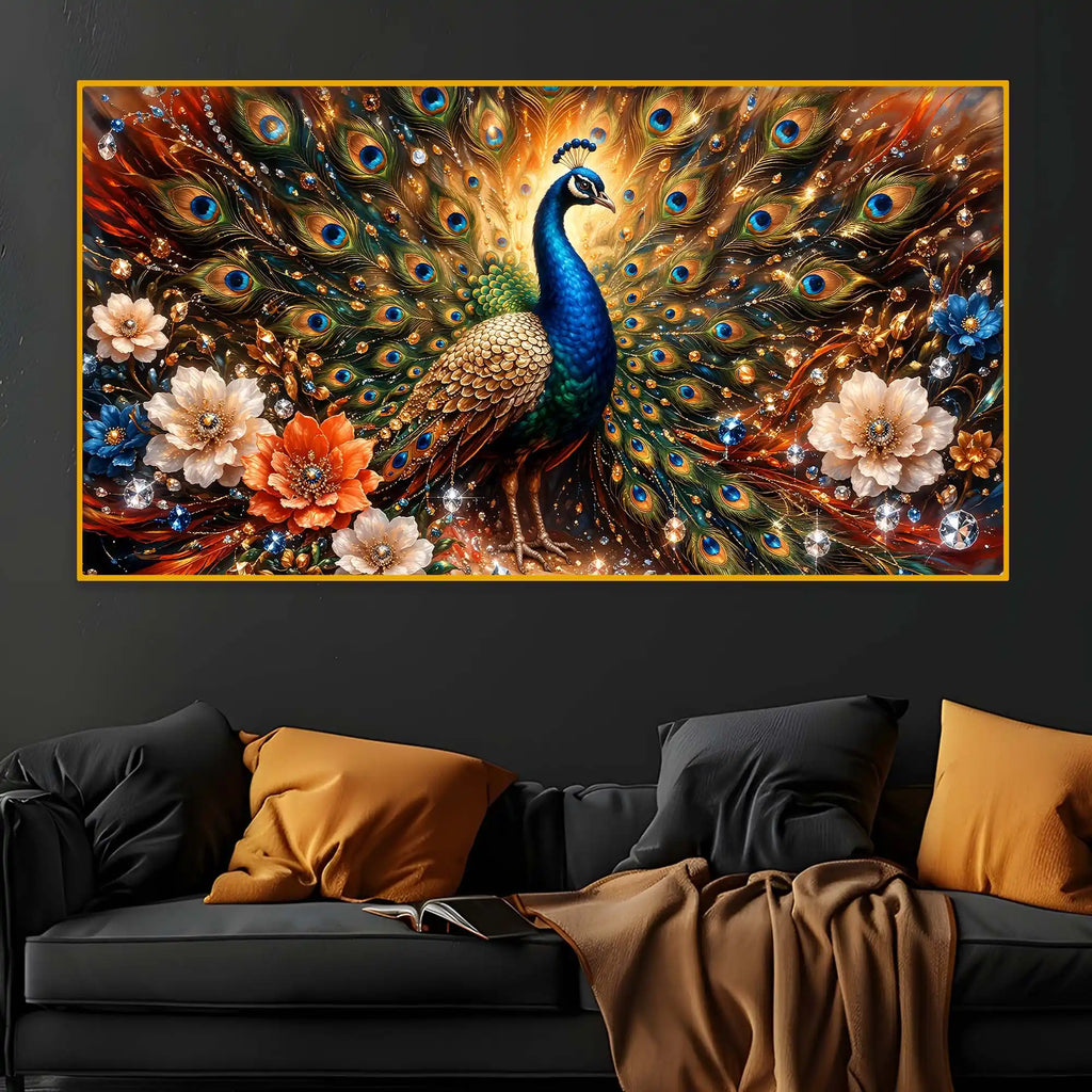 Luxury Floral Peacock Crystal Glass Wall Painting for Office & Home Decor