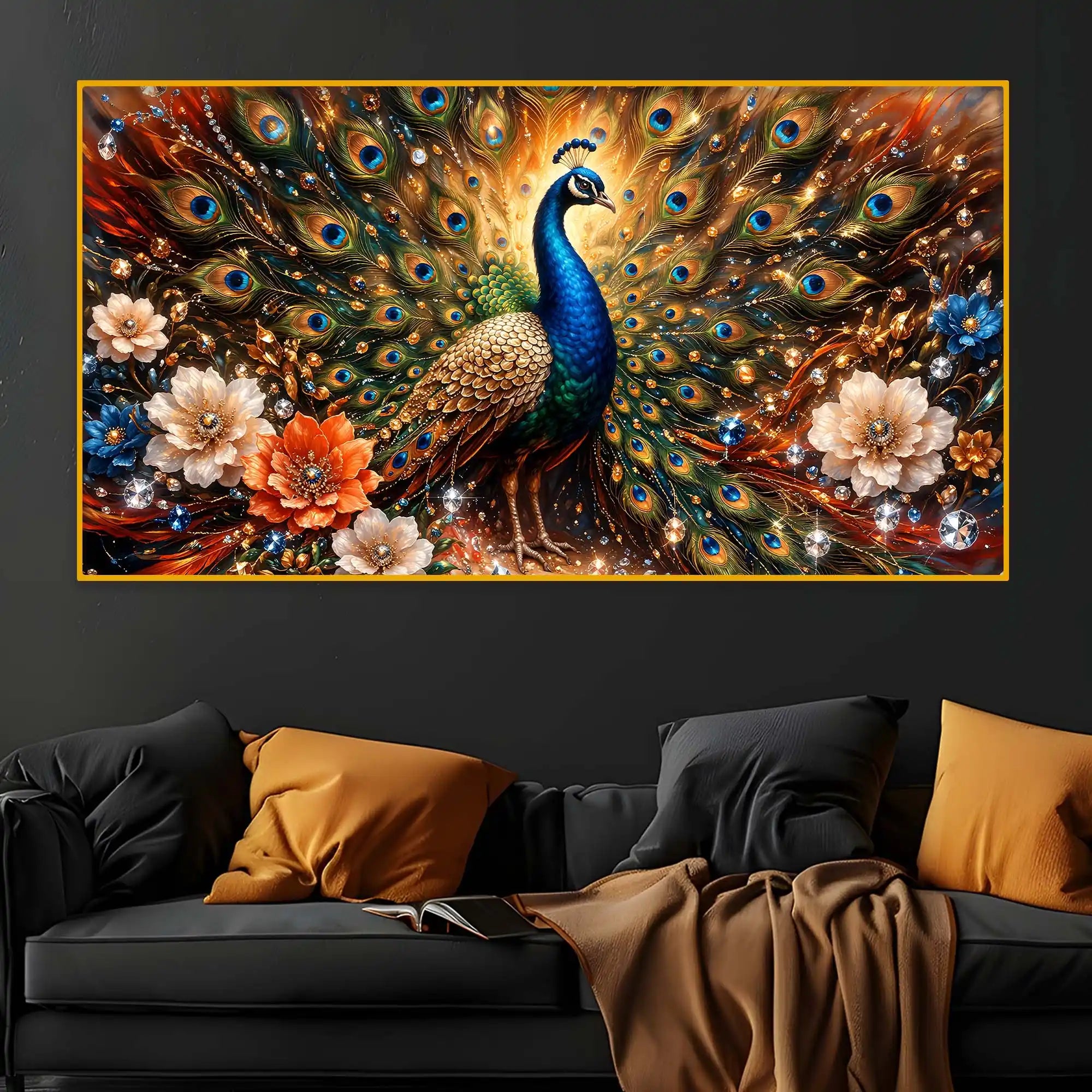 Luxury Floral Peacock Crystal Glass Wall Painting for Office & Home Decor