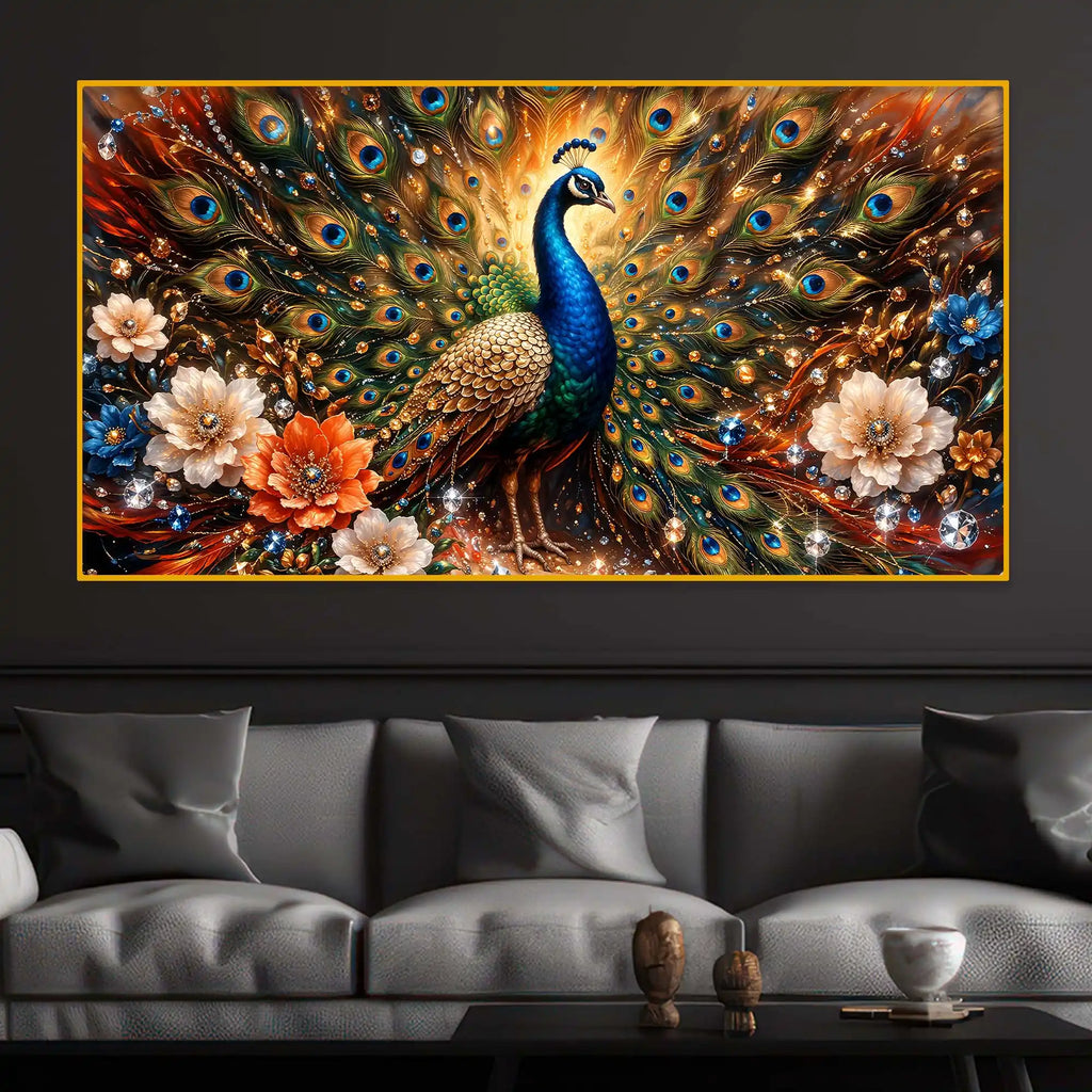 Luxury Floral Peacock Crystal Glass Wall Painting for Office & Home Decor